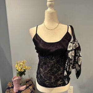 vintage navy silk and velvet tank